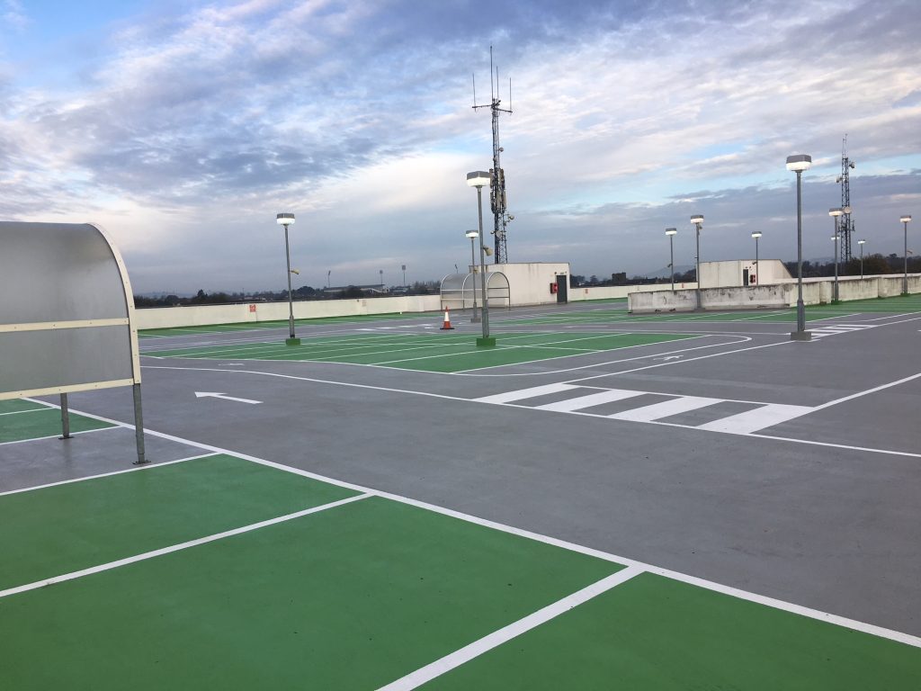 Slip-resistant waterproofing membrane applied to car park top level