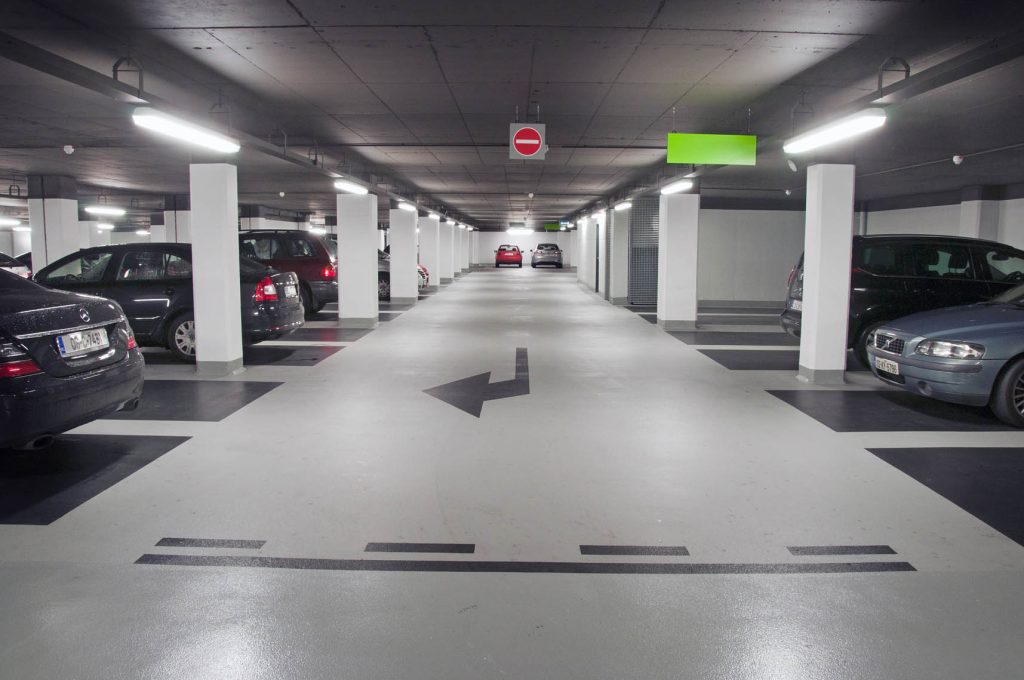 Smooth, slip-resistant epoxy floor in basement parking