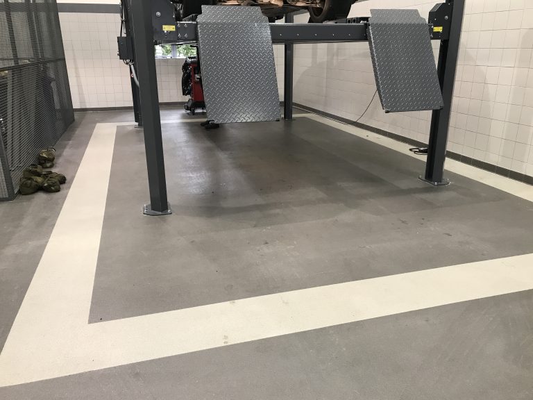 Epoxy flooring with decorative quartz aggregates in showroom