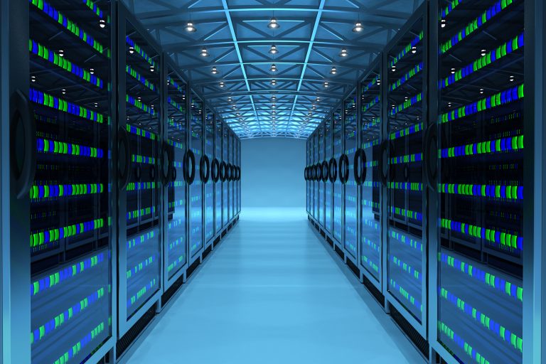 Server room with network and telecommunication equipment on clean flooring